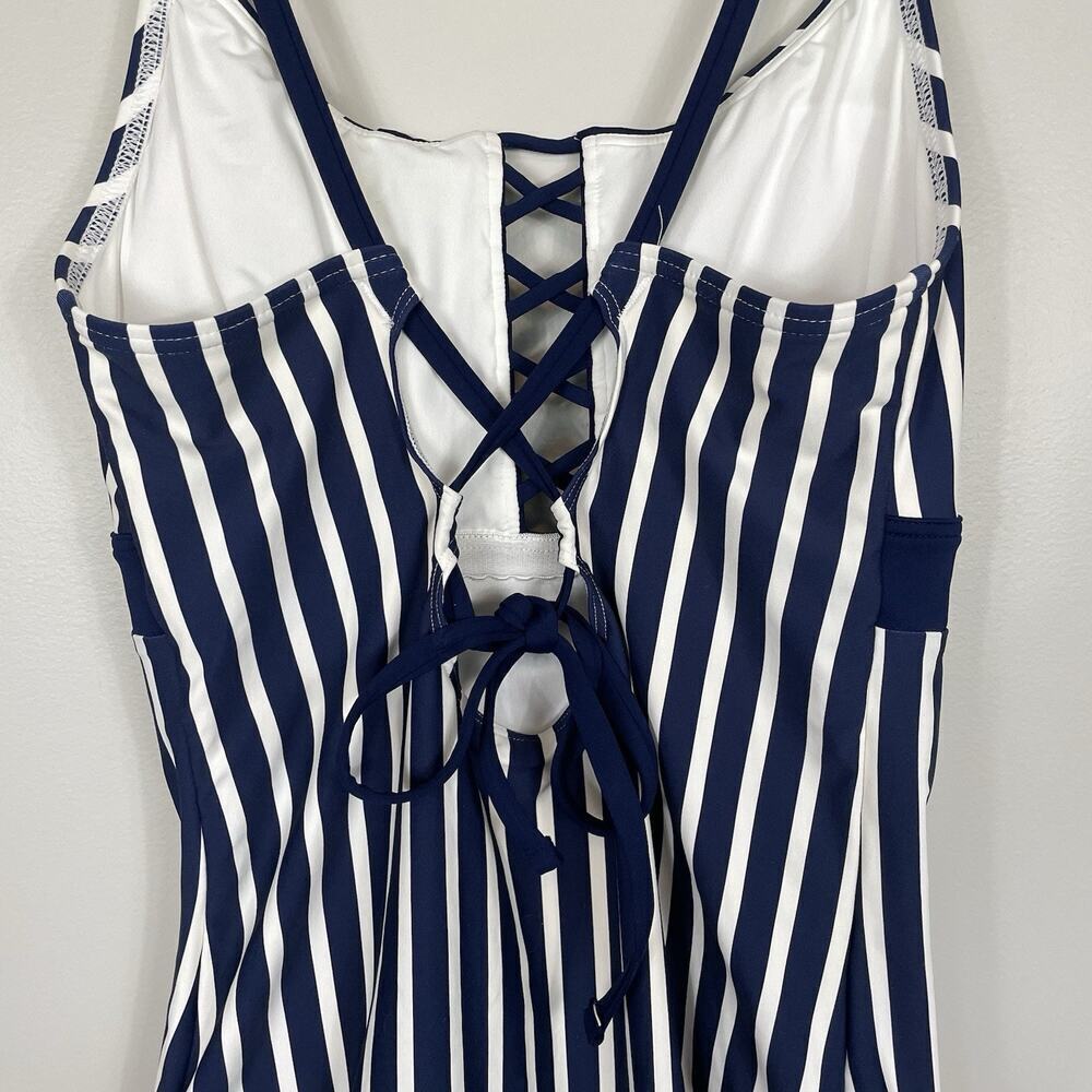 Lands End Lace Up One-Piece Swimsuit Womens 12 Blue & White Beach Resort Cruise - Picture 7 of 13